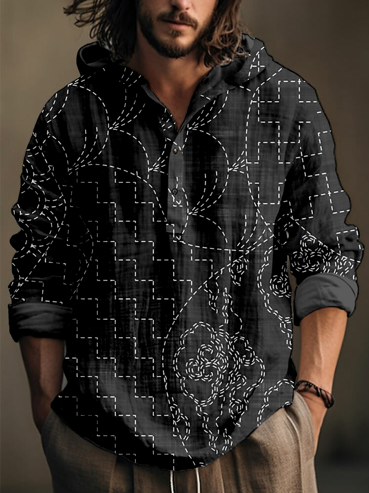 menweary Vintage Japanese Sashiko Art Linen Blend Hooded Shirt