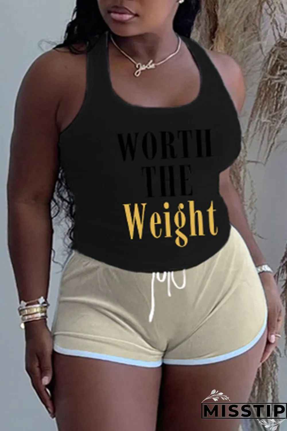 Grey Plus Size Casual Letter Print Patchwork U Neck Plus Size Two Pieces