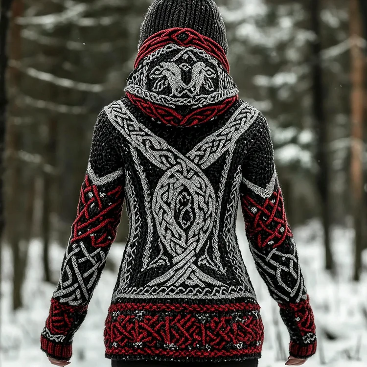 Women's Viking Style Knitted Jacquard Hooded Cardigan Sweater
