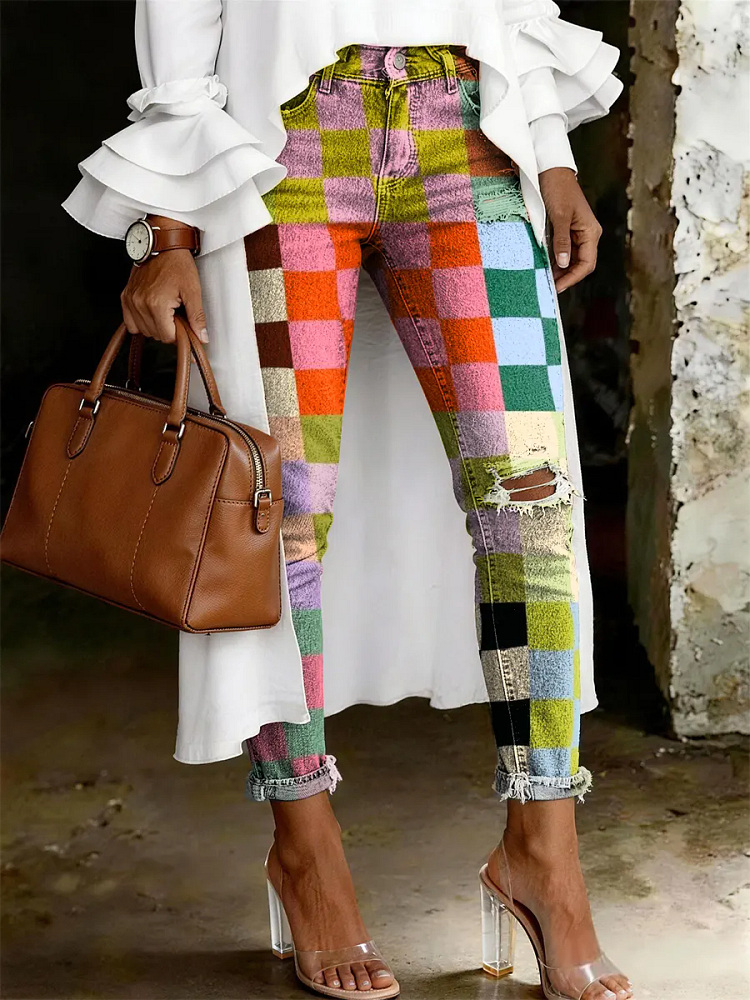 Women's Fashion Casual Multicolor Checkered Print Ripped Skinny Jeans