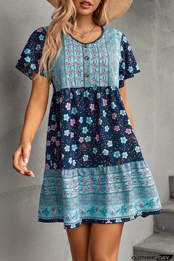 Button V-Neck Floral Loose Mini Dress