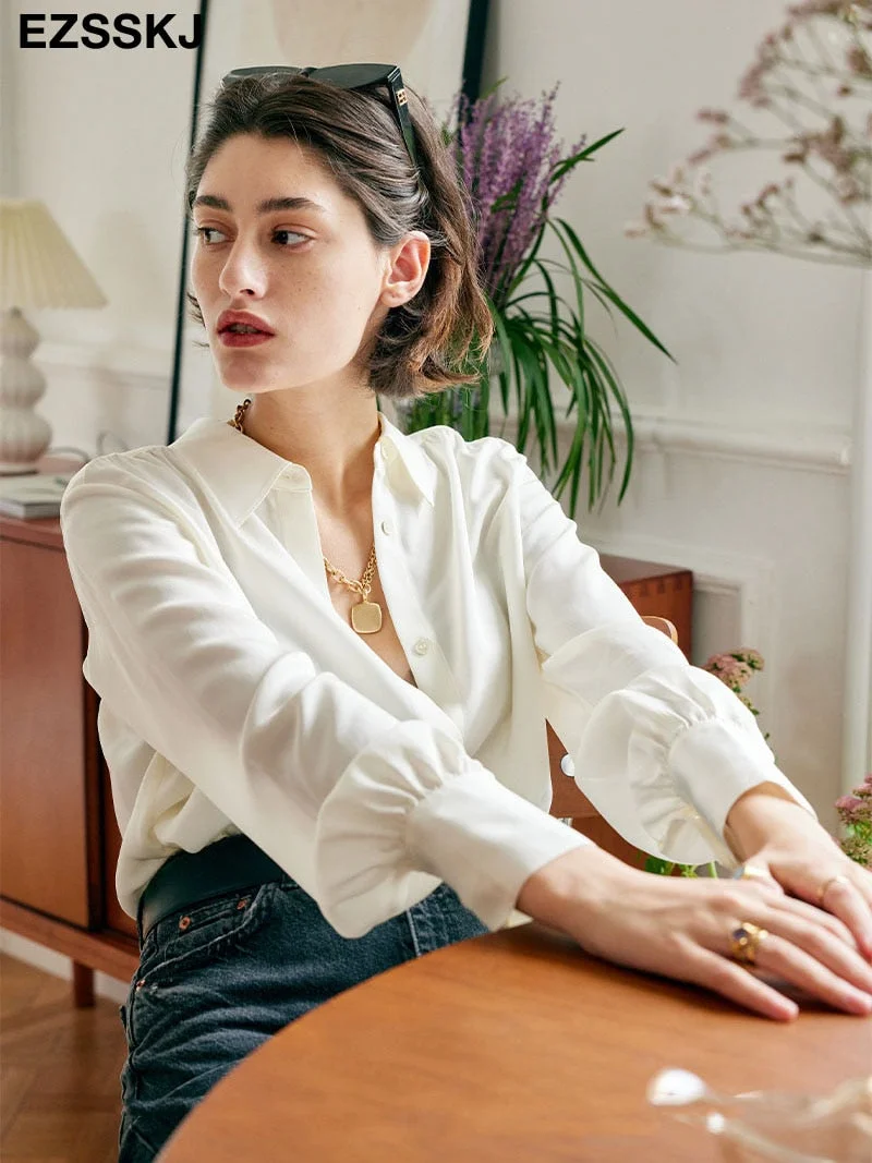 high quality 2022 new chic casual loose thick silk blouse shirt women solid color oversize long sleeve Fàguó blouse shirt basic