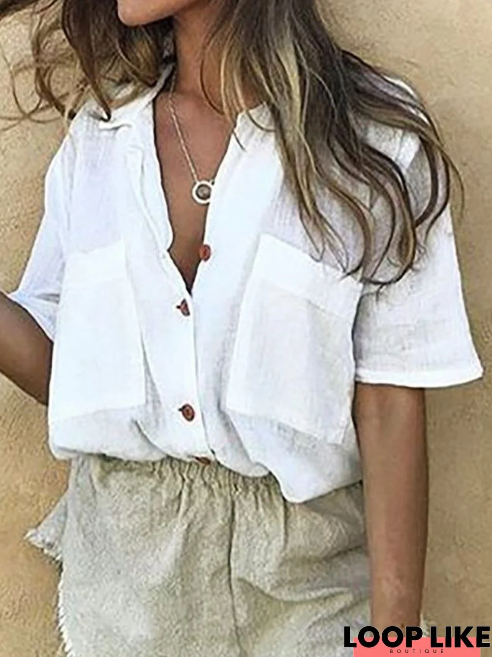 Casual Cotton-Blend Short Sleeve Shift Blouse