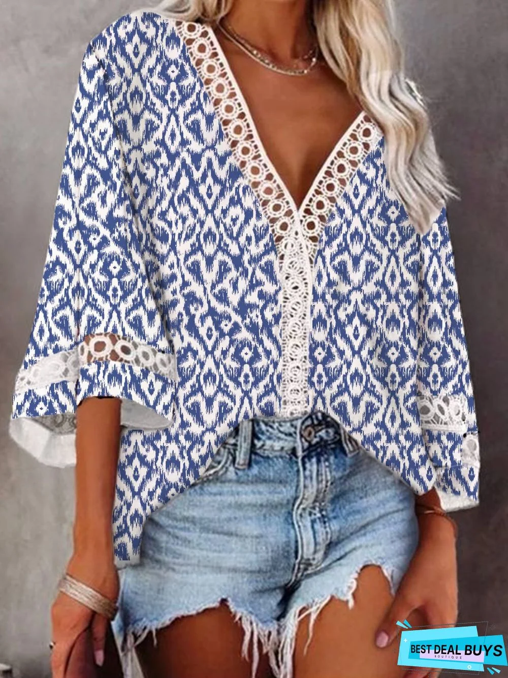 Women's Loosen Top Shirt Geometric Tribal Print Lace Patchwork 3/4 Length Sleeve V-Neck Party Fall Spring