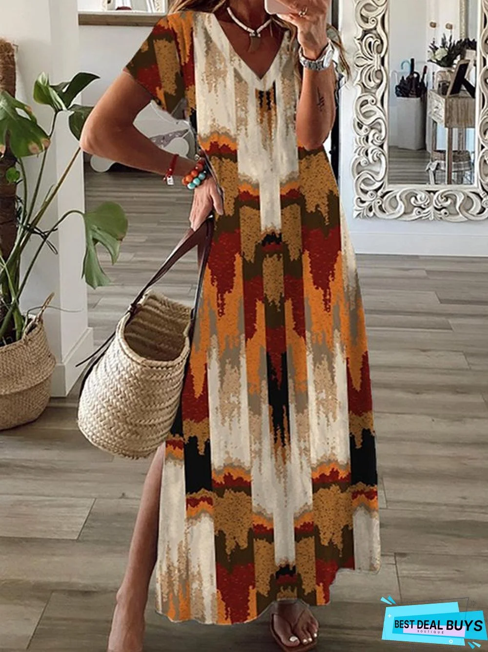 Abstract V Neck Short sleeve Dresses