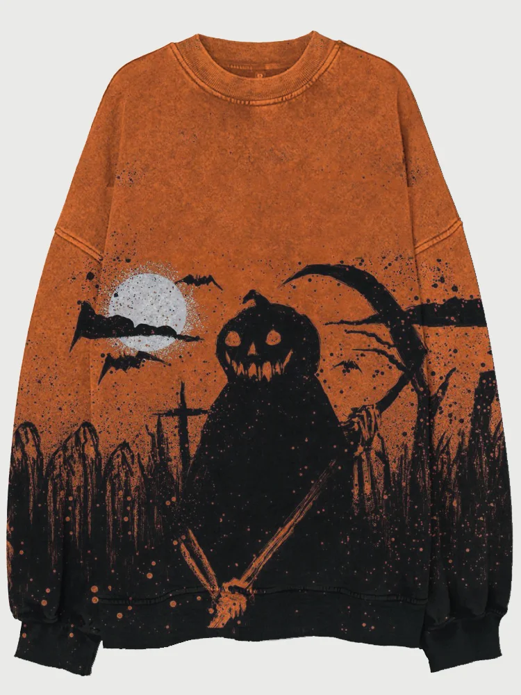 Broswear Vintage Halloween Pumpkin Ghost Art Washed Sweatshirt