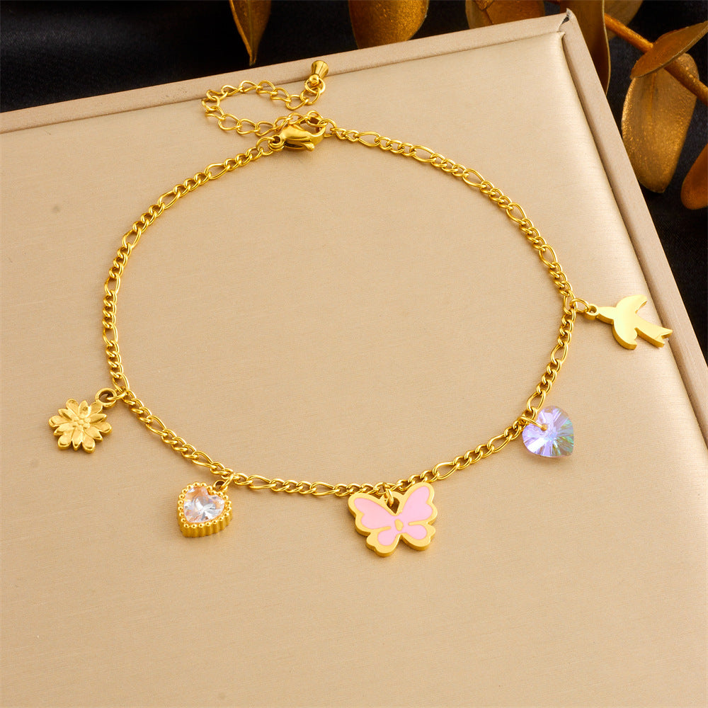 Fashion Beach Style Versatile Simple Colorful Geometric Glass Rhinestone Butterfly Love Accessories Chain Anklet