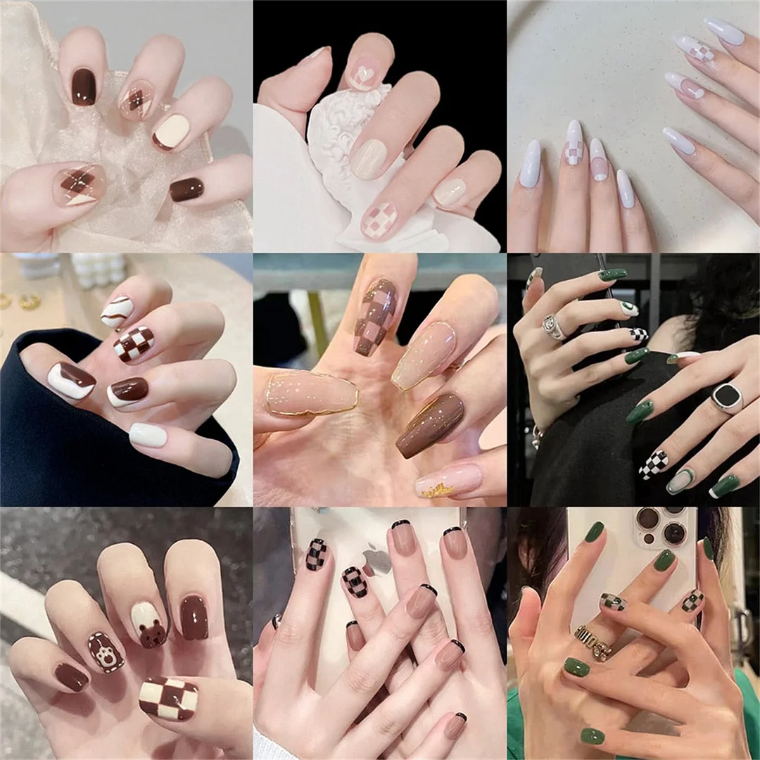 Coffin Square Checkerboard Press on Nails Short Fake Nails Black and White Acrylic Lattice Design Acrylic Nails Glue Decorations-Nail Inspo