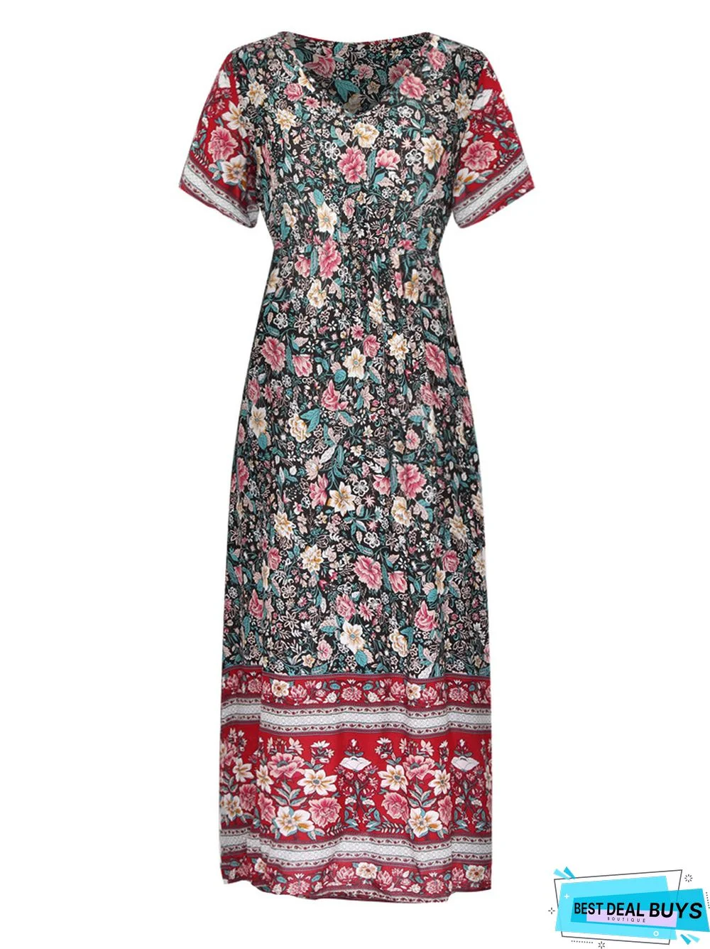 Bohemian Print V-neck Waist Dress Resort Beach Dress