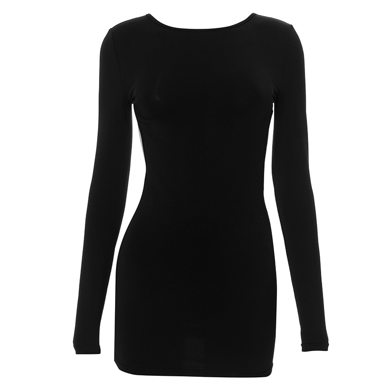 Myopiclunacy Backless Chic Fashion Skinny Sexy Long Sleeve Short Dress Women Rave Baddie Clubwear Black Solid Party Dresses