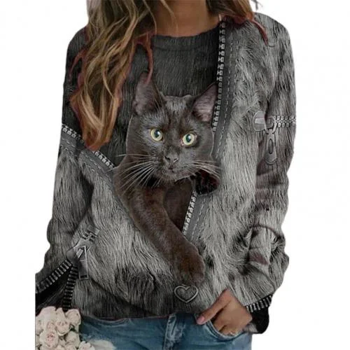 Fashion Women Shirts O Neck Long Sleeve Zipper Cats Print Loose Blouse Shirts Top  Blouses