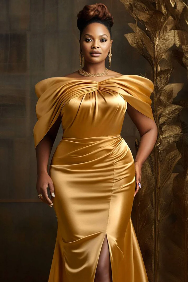 Xpluswear Design Plus Size Formal Elegant Gold Off The Shoulder Short Sleeve Split Pleated Satin Maxi Dresses