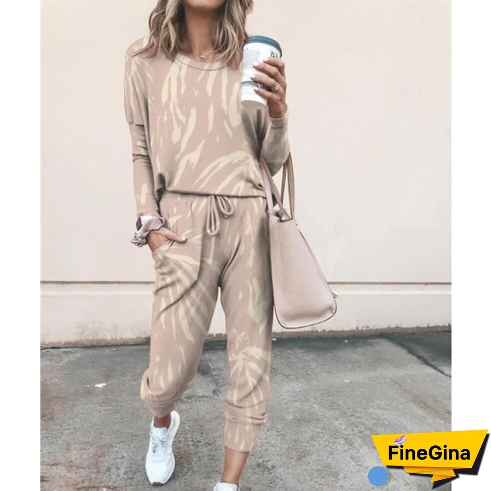 New Women's Fashion Tie Dye T-Shirt Pants Homewear Two-Piece Outfit Casual Long Sleeve Tracksuit Sportswear