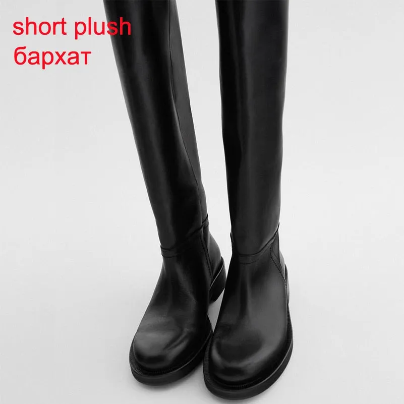 Meotina INS Women Genuine Leather Riding Boots Med Heel Round Toe Shoes Thick Heel Knee High Boots Lady Autumn Winter 42 Brown