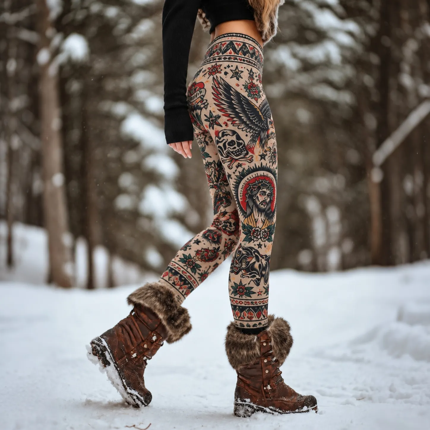 Comstylish Women's Retro Traditional Tattoo Print Elastic Leggings