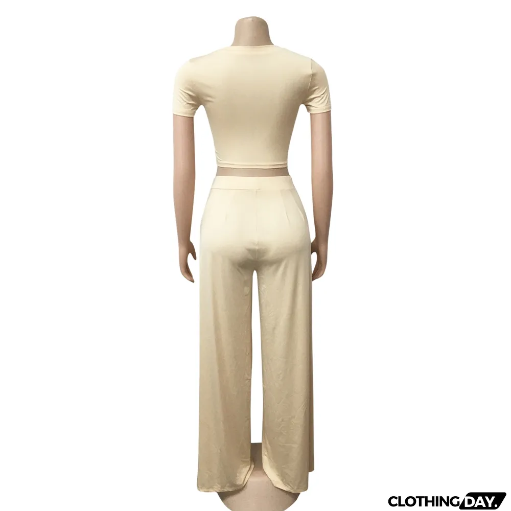 Summer Sexy Plain Crop Top and Pleated Loose Pants Set