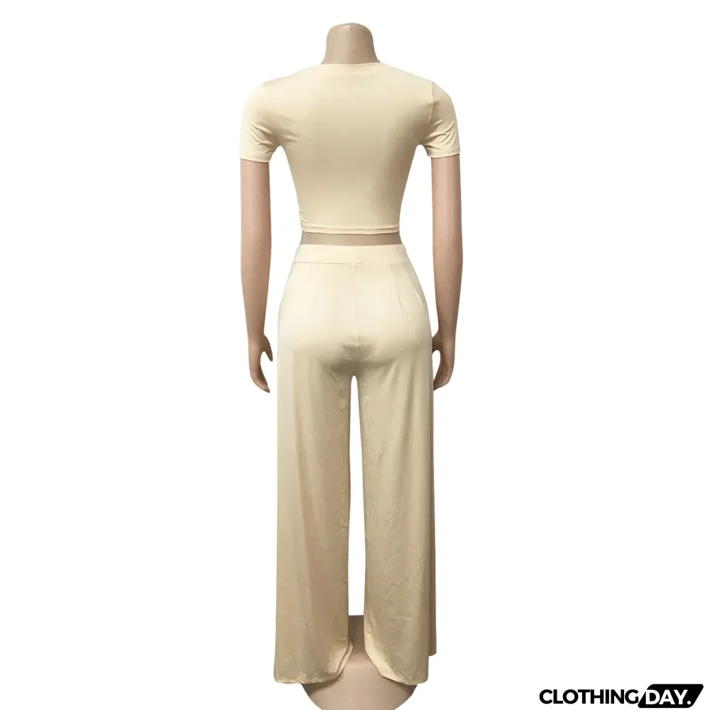 Summer Sexy Plain Crop Top and Pleated Loose Pants Set