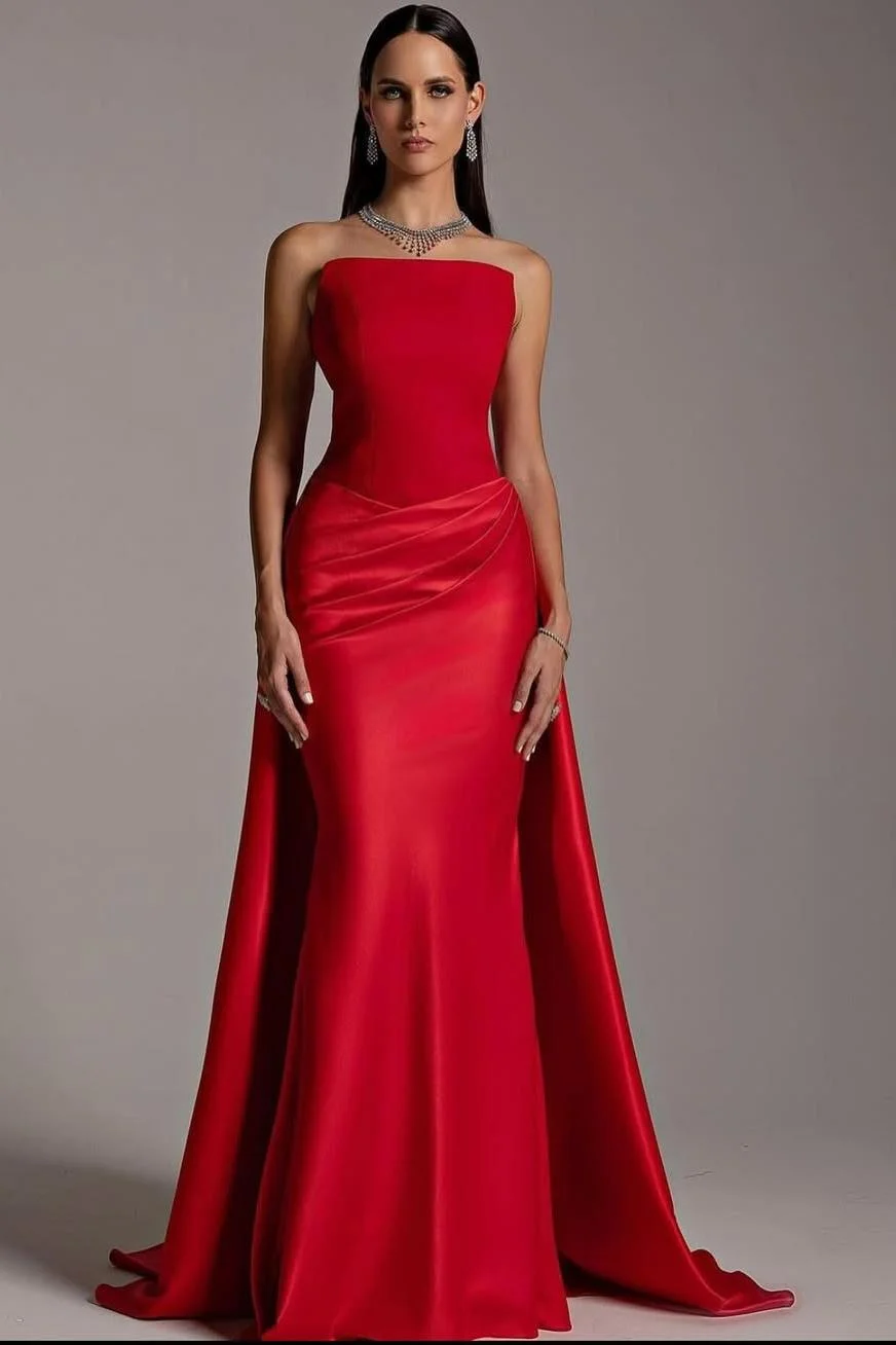 Miabel Glamorous Red Satin Sleeveless Strapless Pleated Long Prom Dress with Train 