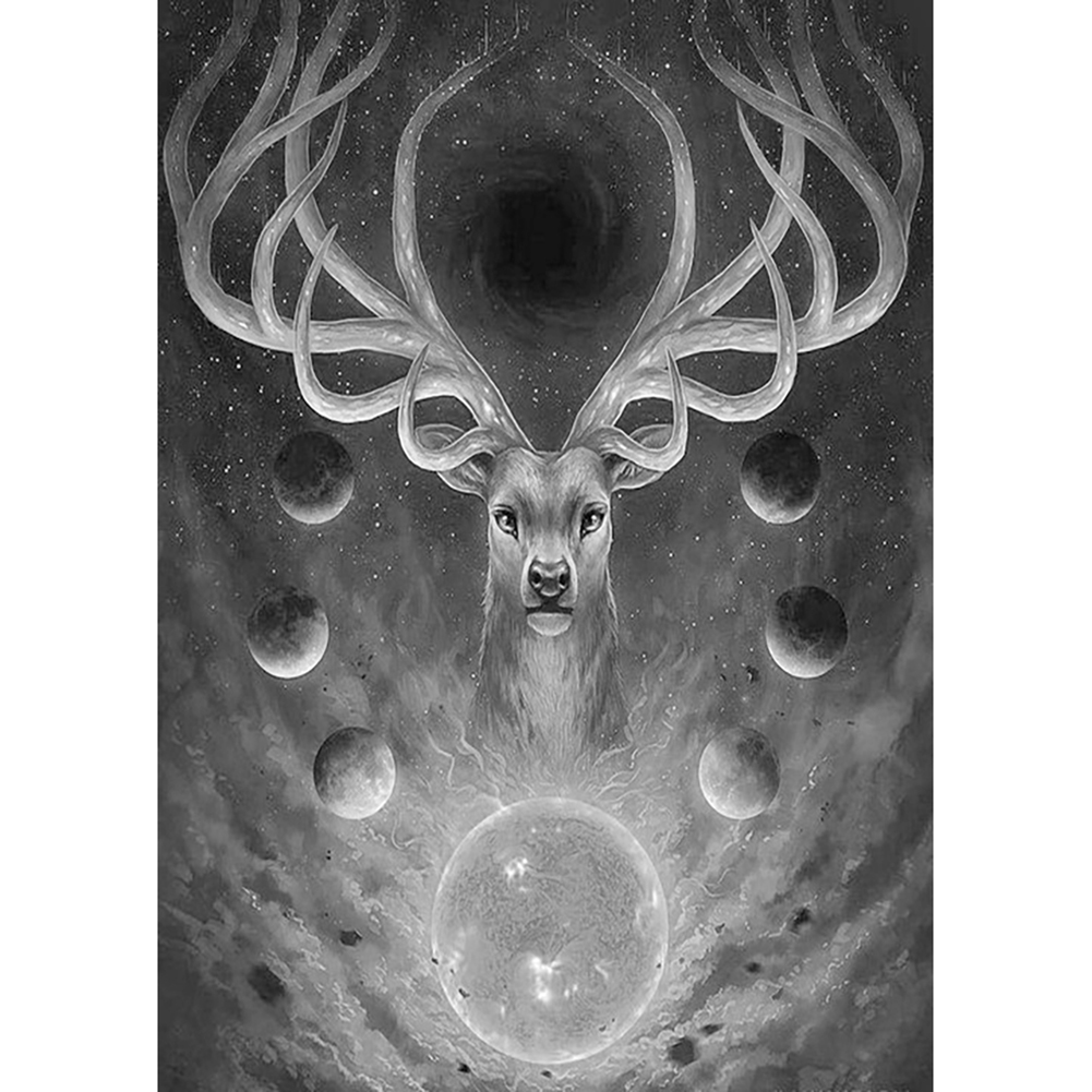 

30*40CM - Black White Deer - Round Drill Diamond Painting, 501 Original