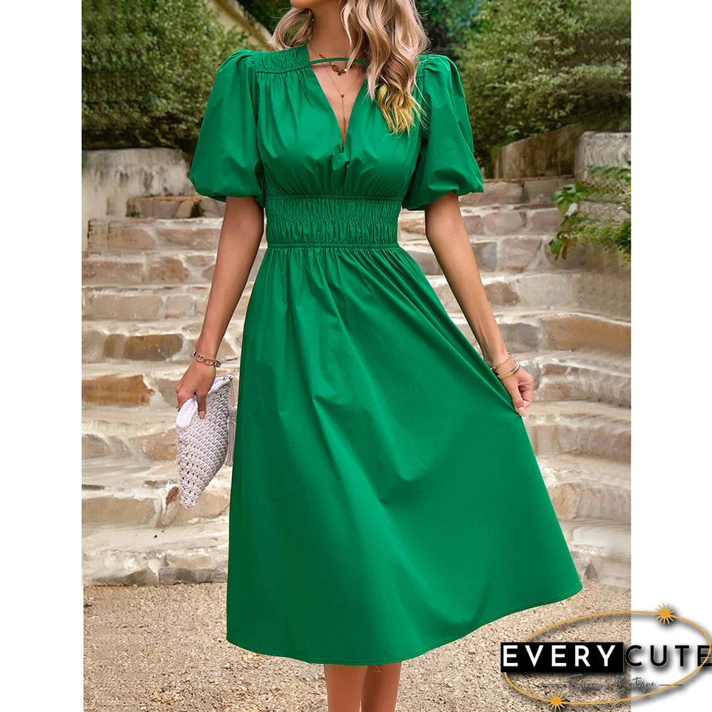 Green Solid V Neck Pleated Waist Midi Dress