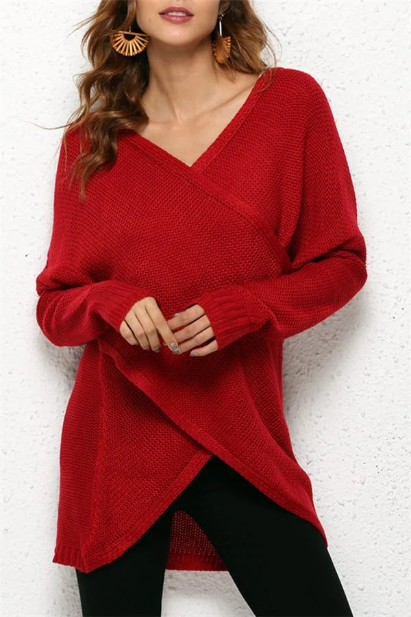 Casual V Neck Front Cross Weekend Sweater - Red