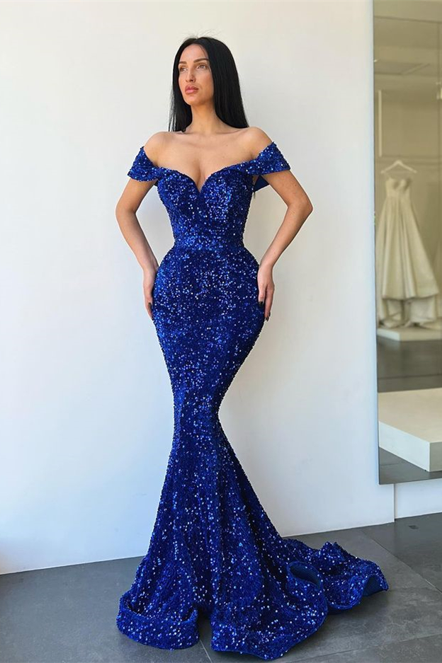 Bellasprom Royal Blue Prom Dress With Sequins Off-the-Shoulder Bellasprom
