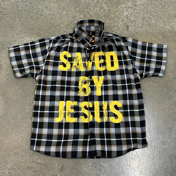 Saved By Jesus Vintage Plaid Short-Sleeved Shirt