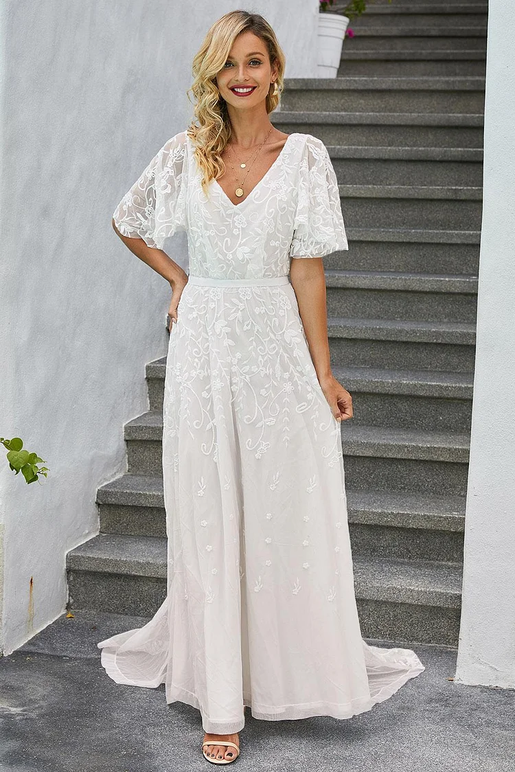 BestDealFriday Boho V Neck Lantern Ruffle Sleeve Lace Bridesmaid Prom Dress P1480369