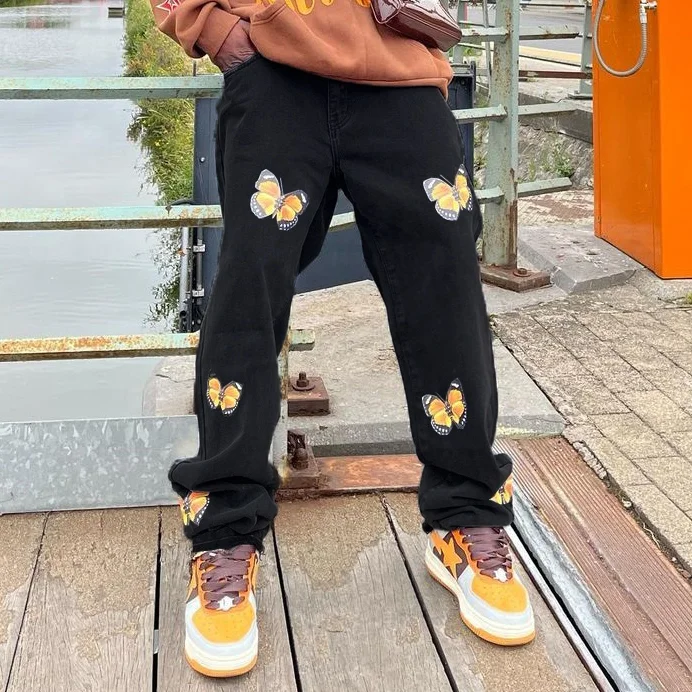 Casual Butterfly Print Denim Trousers