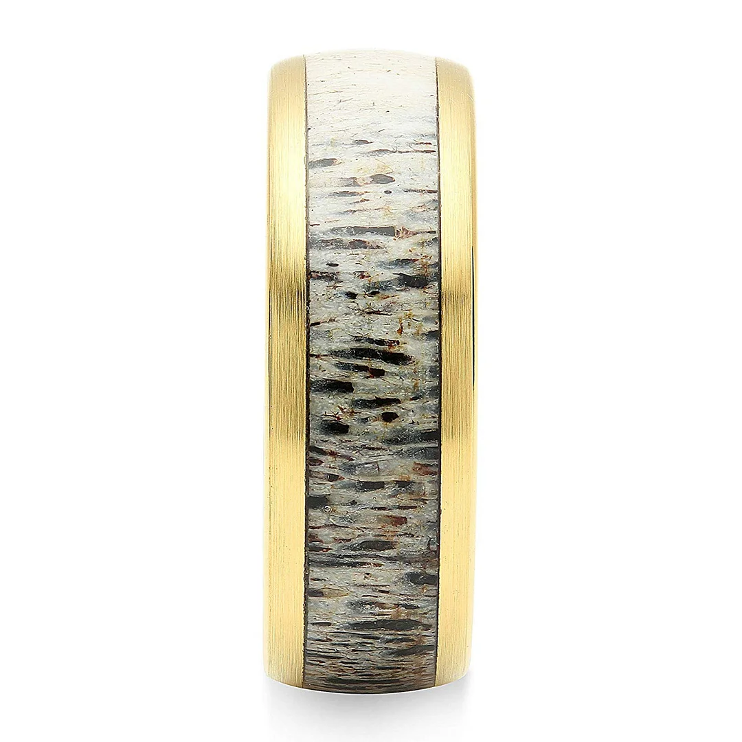8MM Men Women Tungsten Matching Rings for Couple Gold Wedding Antler Inlaid Dome Edge Matte Finish