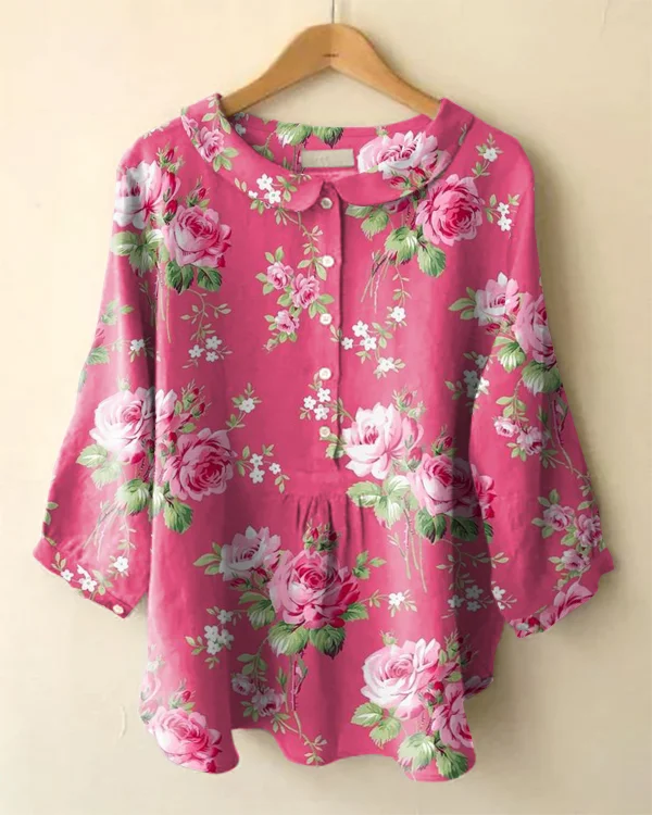 Vintage Long Sleeve Cute Peter Pan Collar Rose Print Shirt