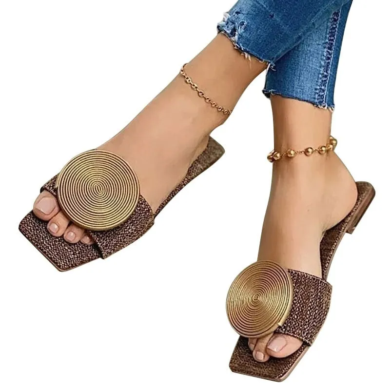 2021 Summer Women Slipper Flat Fashion Female Shoes Square Toe Flat Round Buckle Decoration Solid Flats Sandals  Beach Shoes