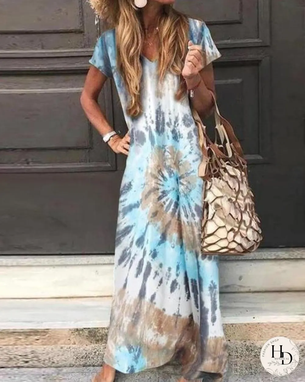 Floral Print Short Sleeve A-Line Maxi Dress