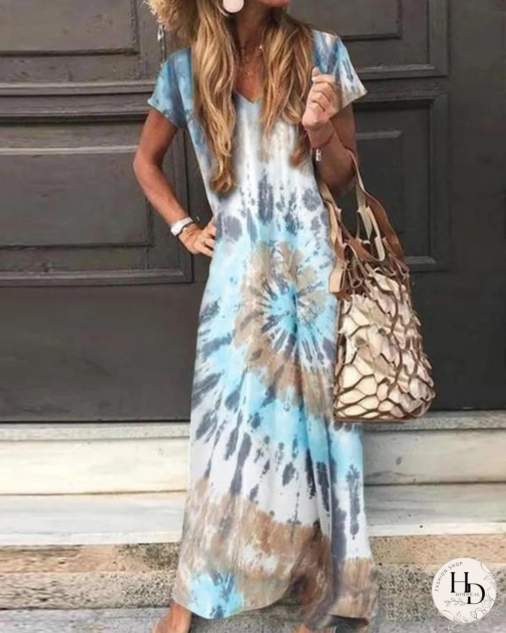 Floral Print Short Sleeve A-Line Maxi Dress