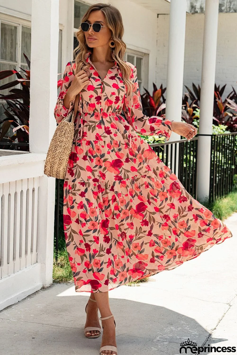 Long Sleeve Red Maxi Floral Dress