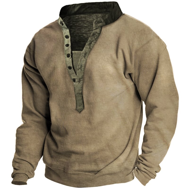 Men's Outdoor Vintage Contrast Color Henley Collar Sweatshirt / [viawink] /