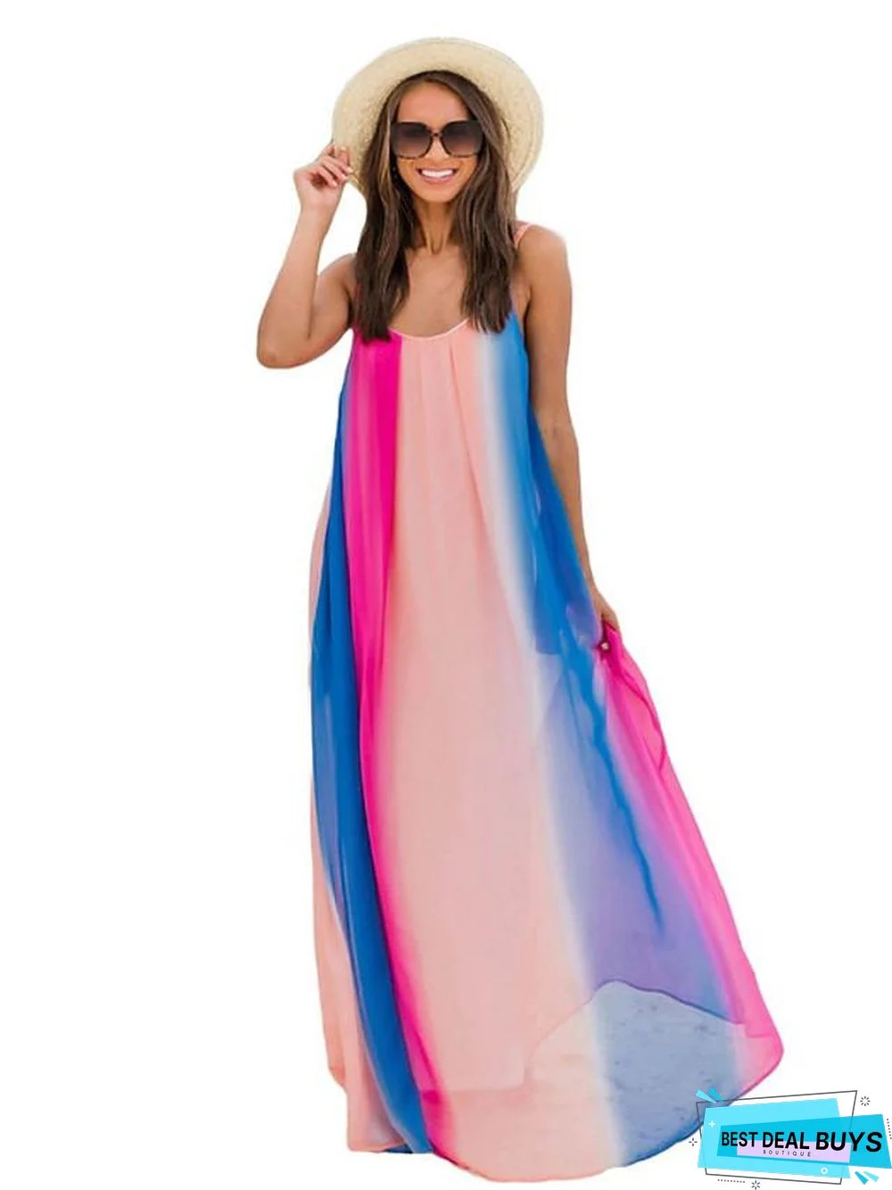 Women's Strap Dress Maxi Long Dress Sleeveless Rainbow Summer Elegant Rainbow