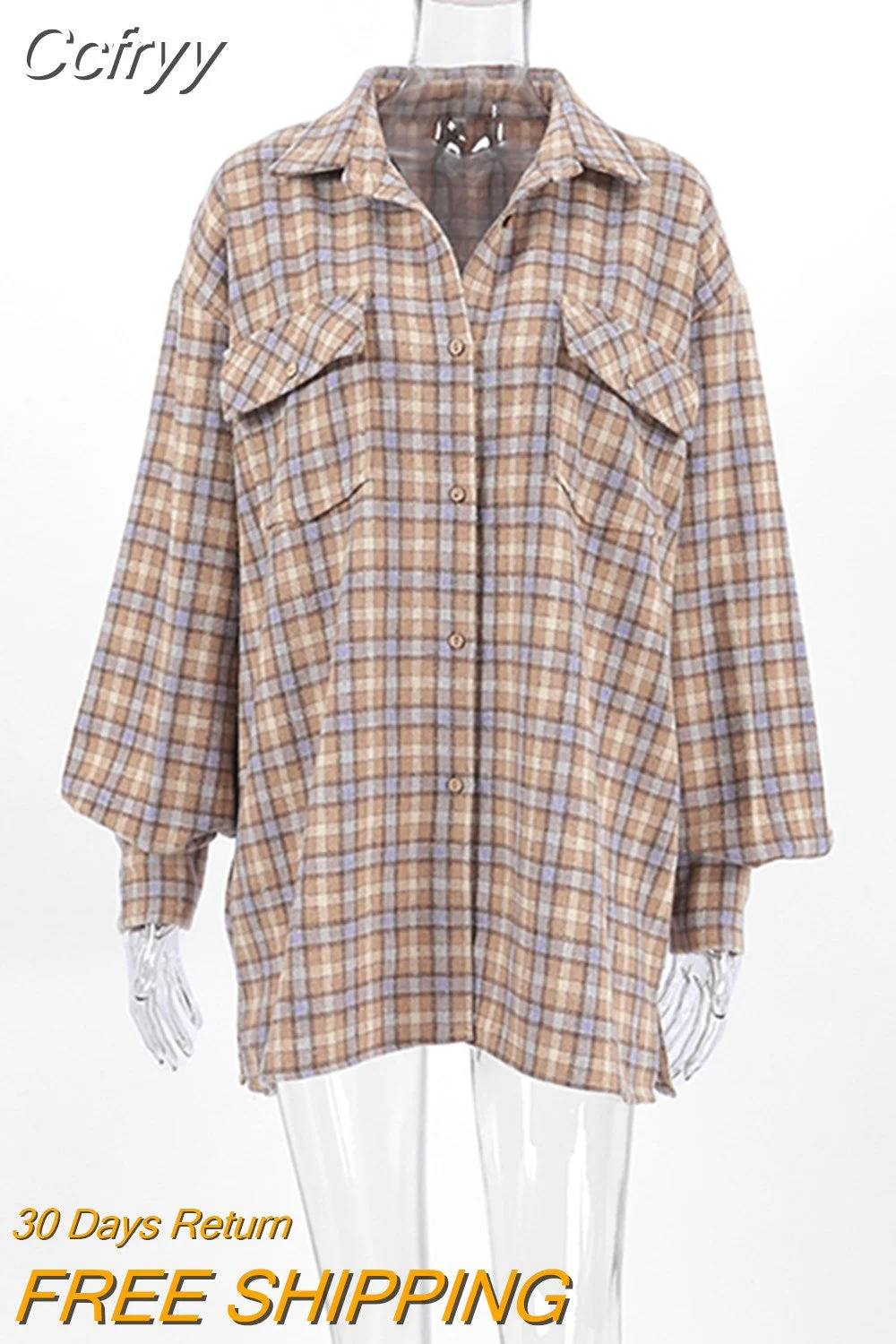 Huibahe Khaki Shacket Oversized Shirts Womens Dropped Shoulder Plaid Blouses Outwear Street Style Pockets Casual Tops 2023