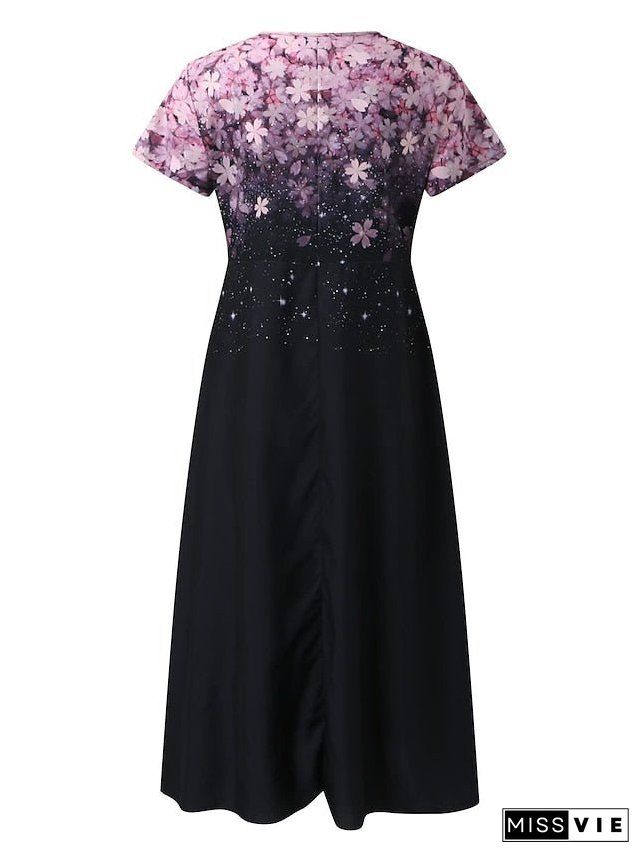 Women's Plus Size A Line Dress Floral V Neck Print Short Sleeve Spring Summer Elegant Midi Dress Daily Vacation Dress