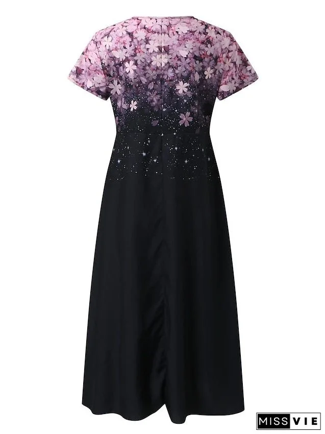 Women's Plus Size A Line Dress Floral V Neck Print Short Sleeve Spring Summer Elegant Midi Dress Daily Vacation Dress