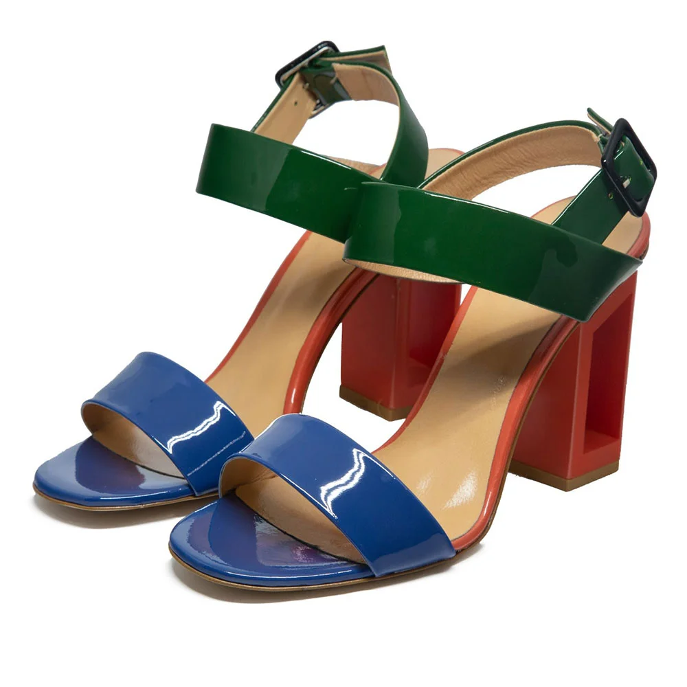 Women&lsquo;s Multicolor Round Toe Ankle Strap Chunky Heel Summer Sandals