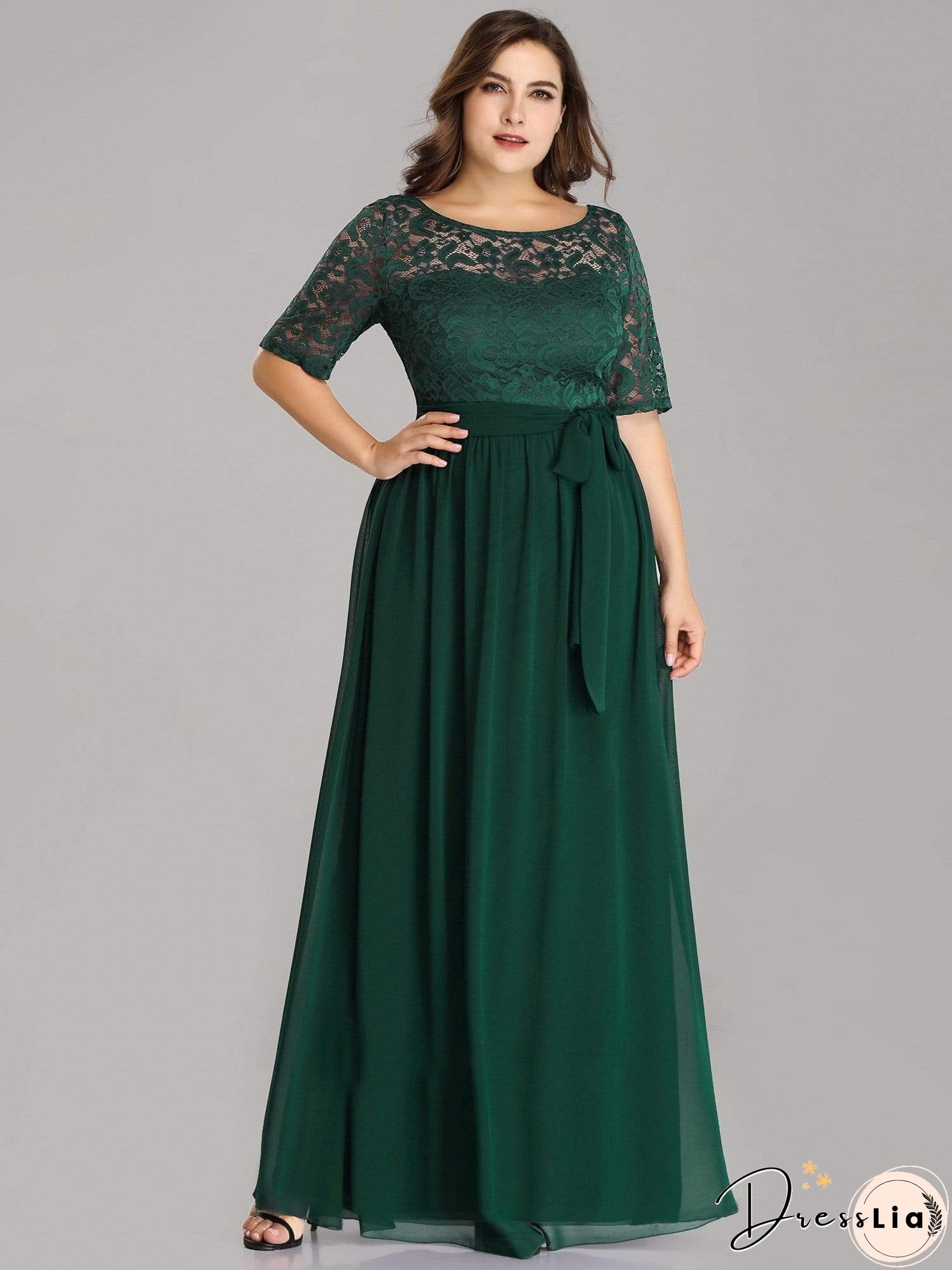 Sophisticated Lace Bodice Chiffon Maxi Evening Gown with Belt for Elegant Occasions
