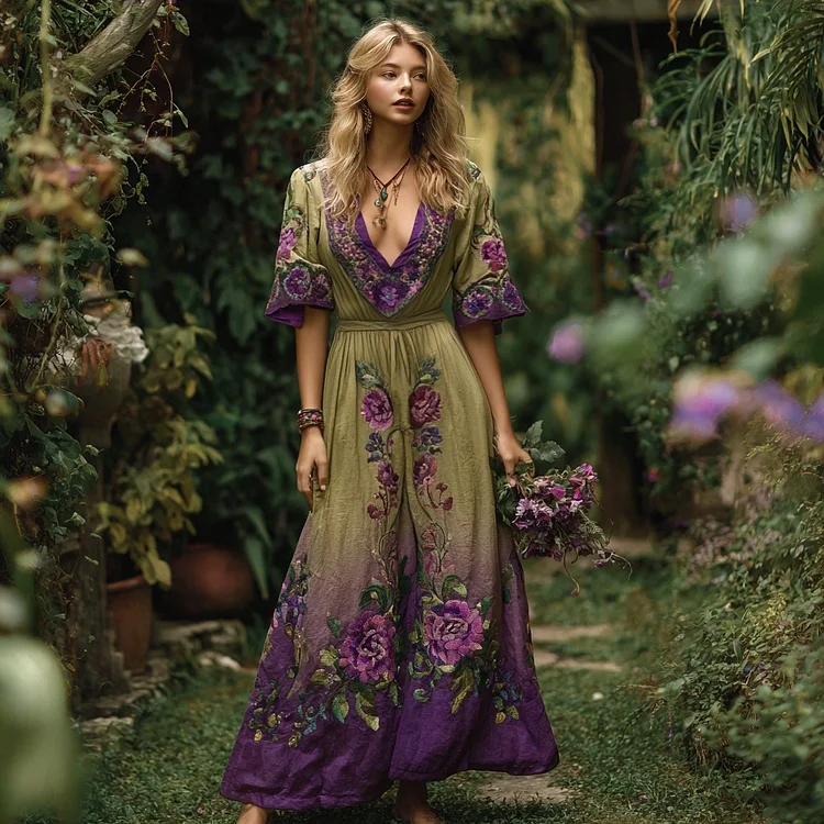 Vintage Gradient Purple Floral Embroidered V Neck Linen Blend Maxi Dress