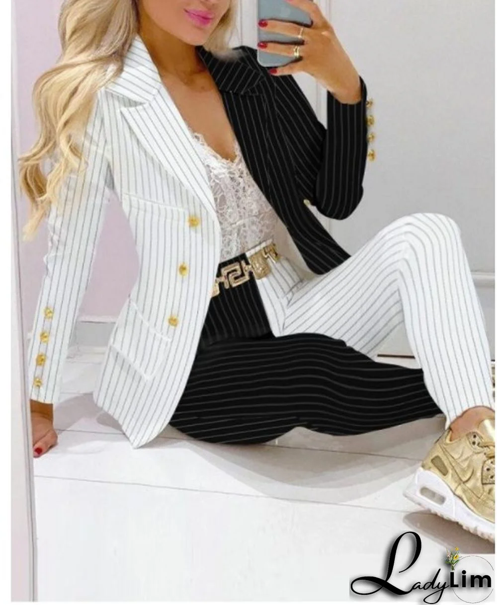 Fall Casual Fashion Suits Women's Print Blazer and pants two piece set