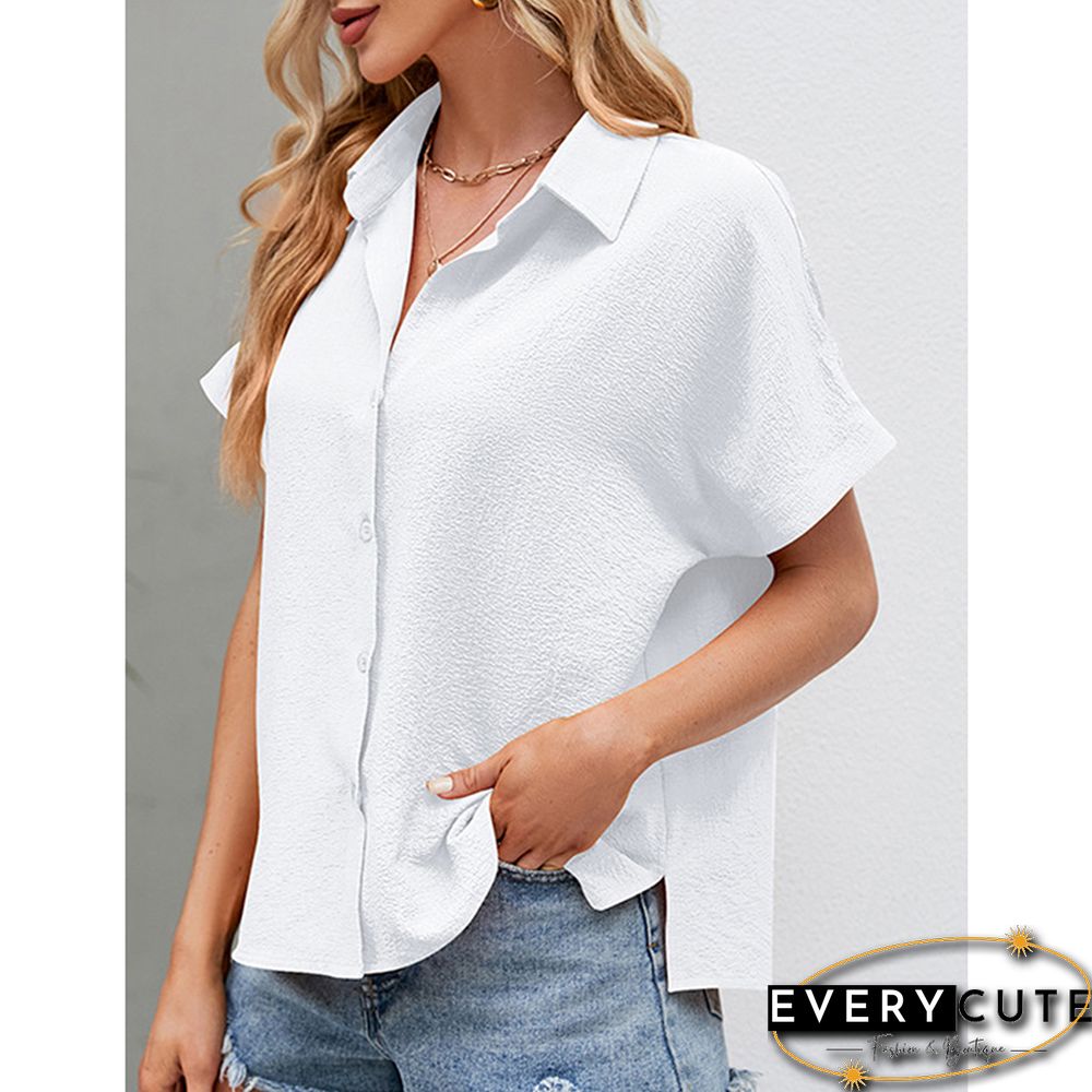 White Button Lapel V Neck Short Sleeve Shirt