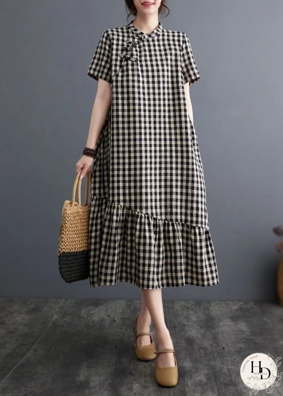 Vintage Big Plaid Stand Collar Patchwork Cotton Dress Summer