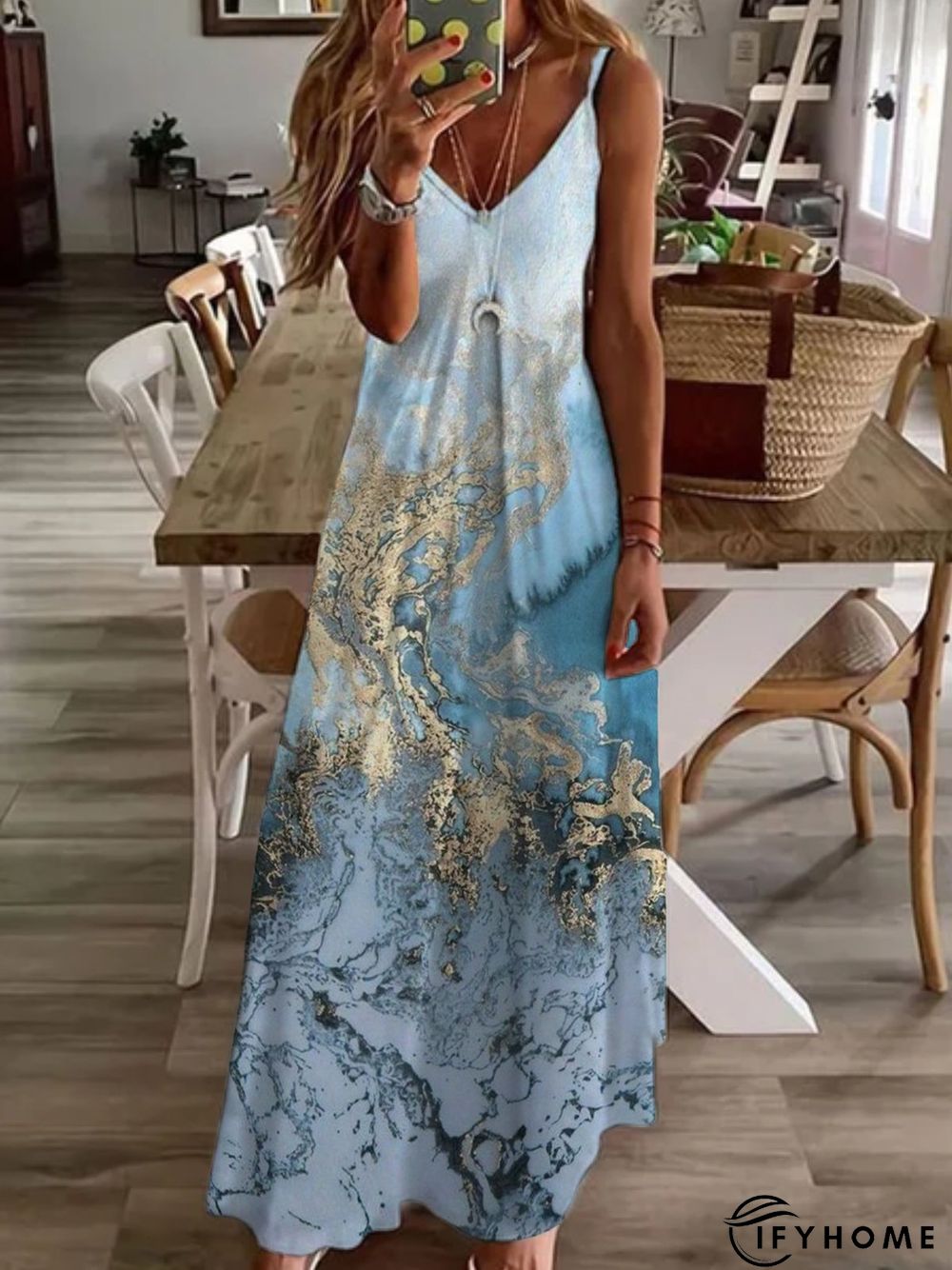 Casual Sea Sleeveless V Neck Printed Dress | IFYHOME