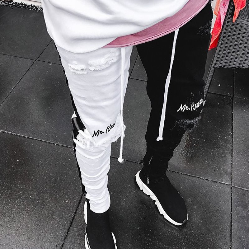 Asymmetric colorblock shredded straight zip jeans
