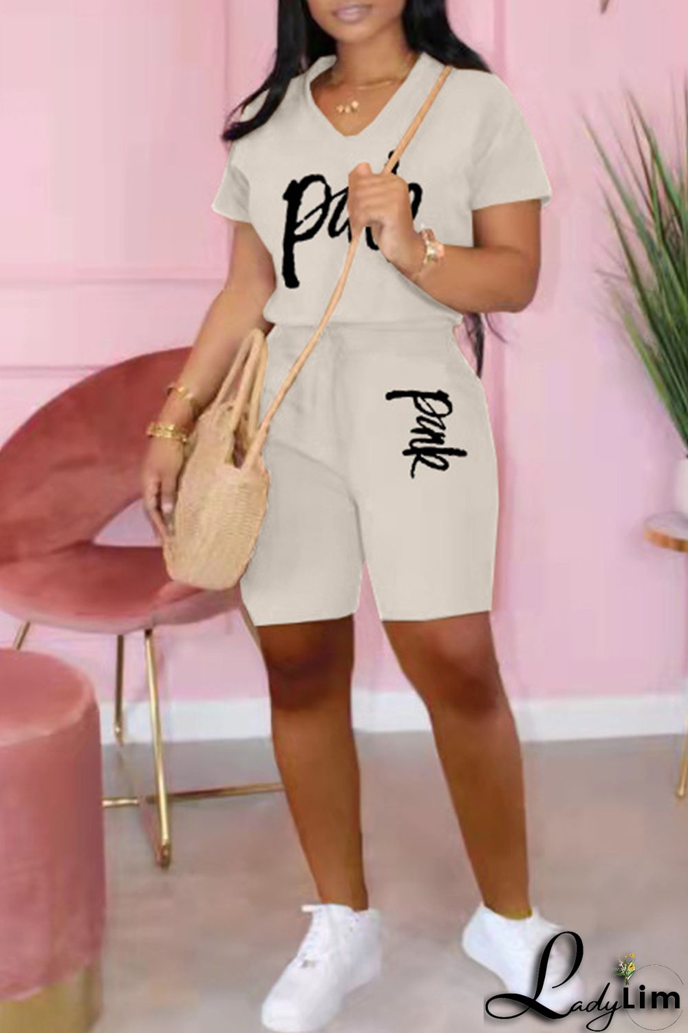 Black Fashion Casual Letter Print Basic V Neck Short Sleeve Two Pieces