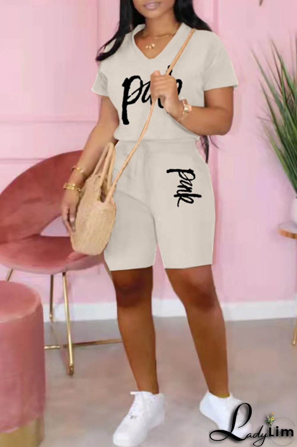 Black Fashion Casual Letter Print Basic V Neck Short Sleeve Two Pieces